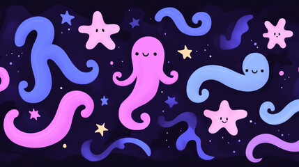 Cute sea creatures with stars on dark background