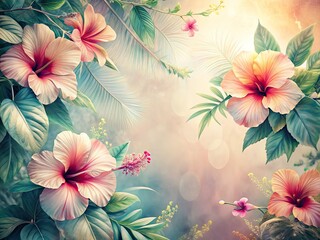 Obraz premium Pastel Hibiscus Flowers, Vintage Tropical Background, Abstract Floral Art, Soft Color Palette, Retro Design