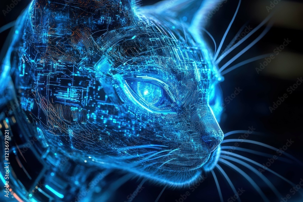 Poster Futuristic representation of a cat with glowing digital patterns in a dark environment
