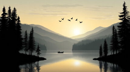 Fototapeta premium Serene lake at sunset with mountains and birds flying