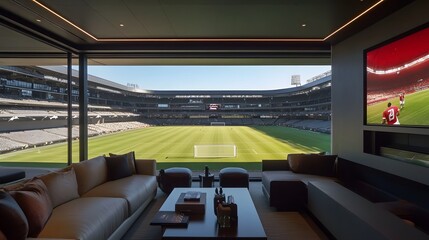 Fototapeta premium Lavish VIP Soccer Stadium Suite with Panoramic Field Views and Luxury Amenities