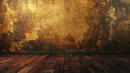 Rustic aged golden wall with distressed textures and wooden floor evoking vintage charm and...