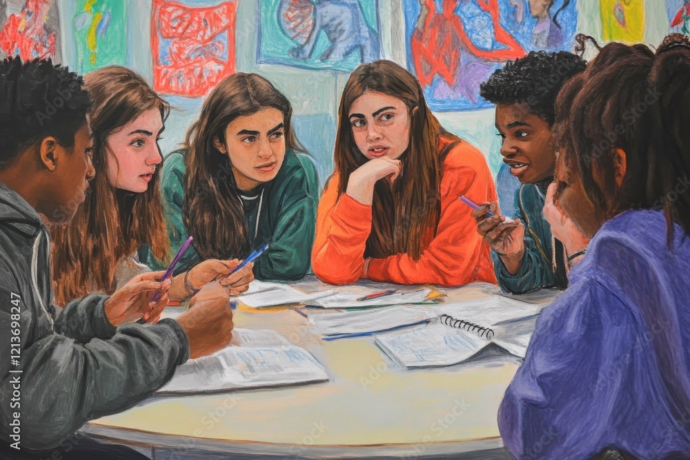 Poster Students engaged in group discussion while collaborating on a project in a classroom decorated with artwork