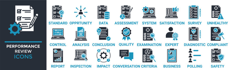 Performance review icon set. Containing standard, opportunity, data, assessment, system, satisfaction, survey, unhealthy and more. Solid vector icons collection