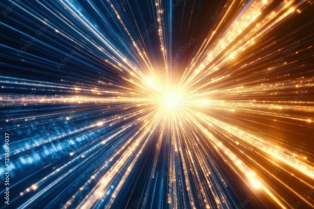 Poster dynamic explosion of light rays in blue and orange hues creating a vibrant burst effect