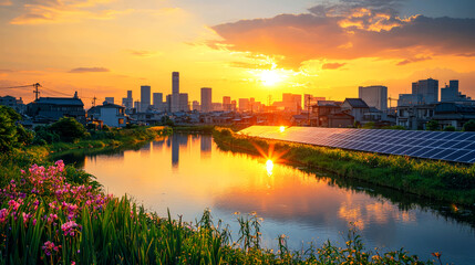 Fototapeta premium Stunning Sunset over City with Solar Panels: A Sustainable Urban Landscape