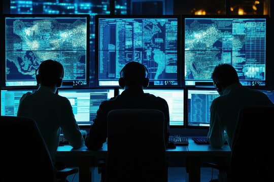 Experts analyze data on multiple screens in a dark office setting at night, focusing on cybersecurity and information processing