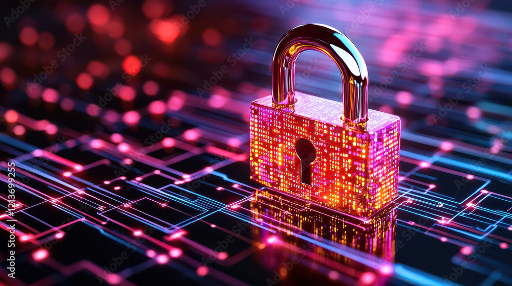Poster futuristic lock icon representing secure data encryption with vibrant colors and digital patterns, symbolizing cybersecurity and protection of information