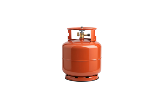 A glossy orange propane cylinder with a smooth, reflective surface and functional valve at the top, emphasizing its industrial utility and sleek design. Isolated on a transparent background