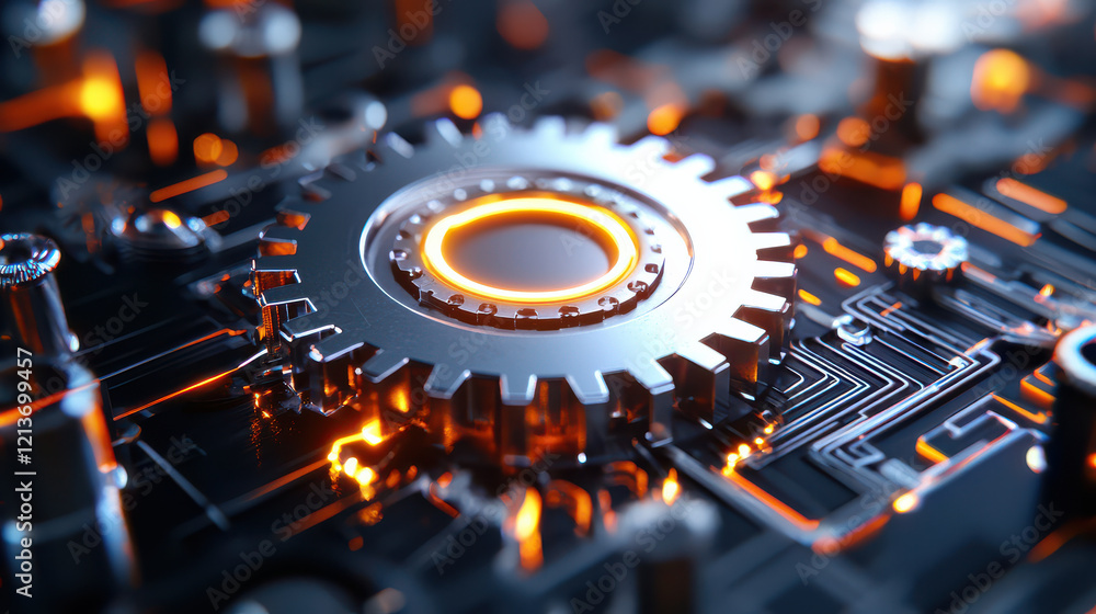 Poster Futuristic mechanical system with gears and precision components, showcasing intricate details and glowing elements. This captures essence of advanced technology and engineering