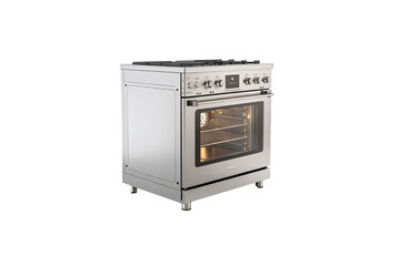 Obraz premium A modern stainless steel oven with a glass door, multiple knobs, and an illuminated interior featuring two racks and a convection fan. Isolated on a transparent background