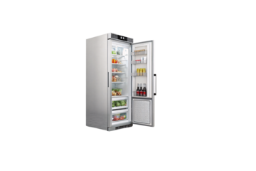 A premium silver refrigerator with glass shelves and spacious compartments filled with organized food items and beverages, ideal for large storage needs. Isolated on a transparent background