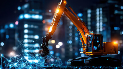 futuristic mining site features autonomous excavator working at night, illuminated by city lights. scene blends technology and urban landscape, showcasing innovation