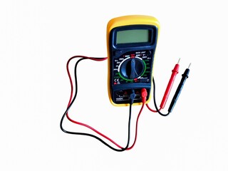 Digital multimeter with probes and backlit display type on white background.