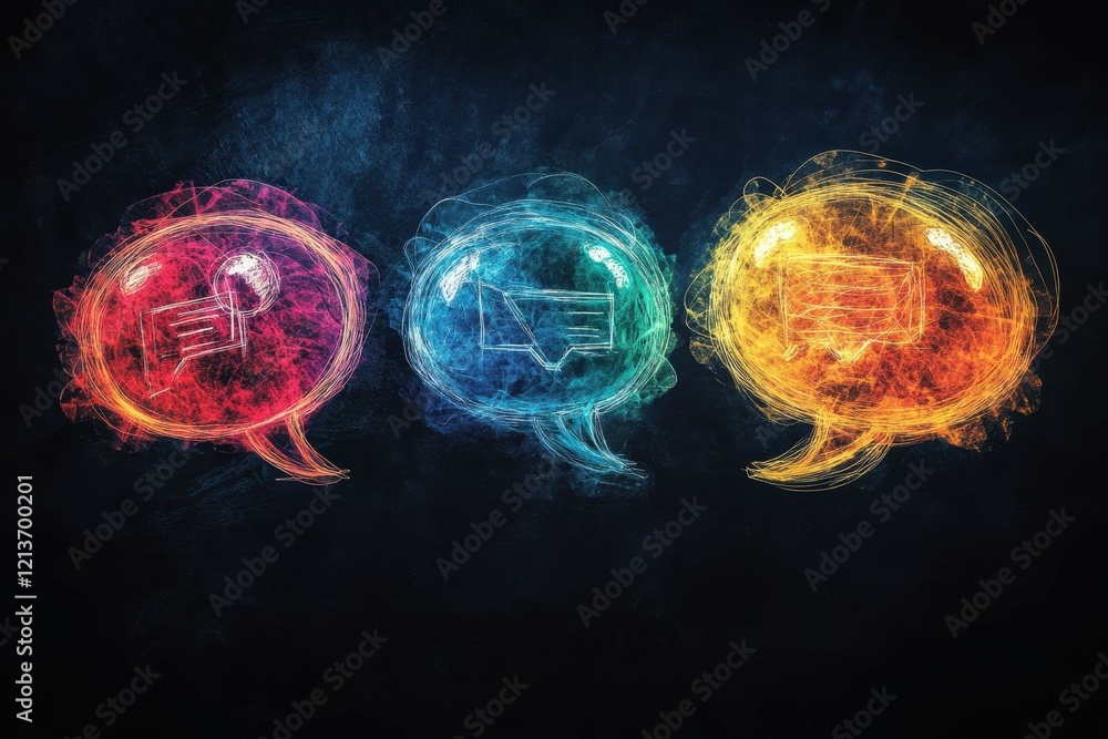 Poster colorful communication bubbles representing digital messaging and social interaction in a creative d