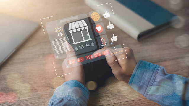 Local SEO, and consumer experience in online business reviews. local business reviews and customer feedback system on mobile devices, showcasing star ratings for small businesses. Digital marketing.