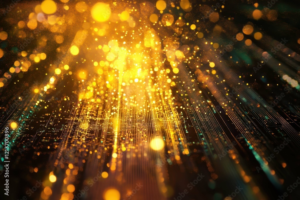 Poster bright golden particles create dynamic patterns against a dark background in a stunning abstract dis