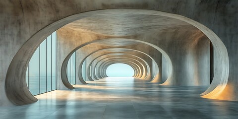Fototapeta premium Futuristic concrete corridor with ocean view.