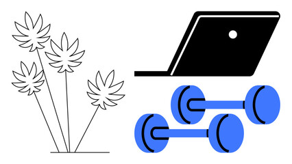 Dumbbells on the ground, open laptop, outline of palm trees. Ideal for fitness, relaxation, remote work, online training, health technology integration tropical leisure. Abstract line flat metaphor