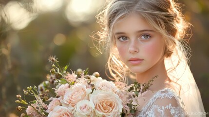 Obraz premium Girl, bouquet, sunset, field, portrait, wedding, photoshoot, website.