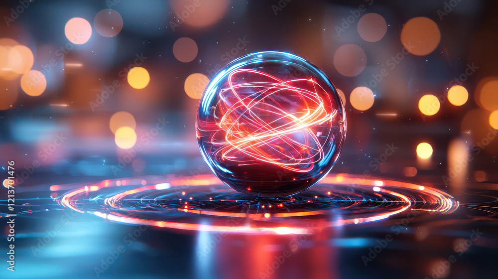 Poster futuristic scene featuring glowing sphere with dynamic energy patterns, surrounded by vibrant bokeh lights, symbolizes advanced physics research and technology