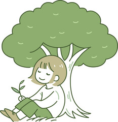 木の下に座ってリラックスしている女性のイラスト素材_グリーン