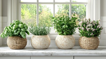 Fototapeta premium Kitchen window herbs, sunlight, pots, decor, gardening.