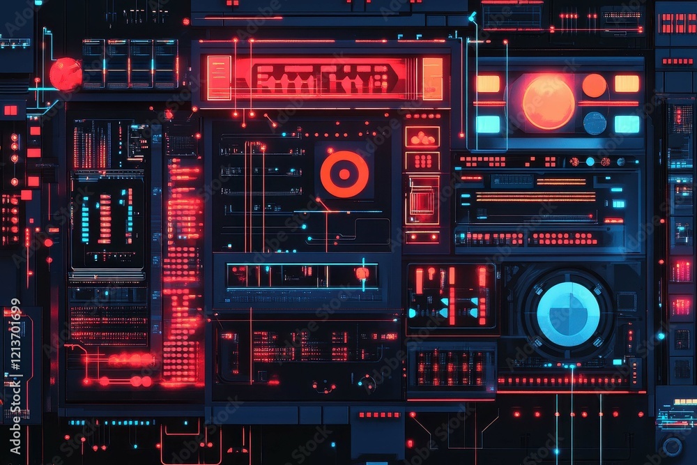 Poster vibrant display of digital technology with intricate patterns and colorful lights in a futuristic in