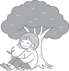 木の下に座ってリラックスしている女性のイラスト素材_白黒
