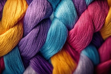 Colorful strands of braided thread in vibrant hues create a visually striking textile background