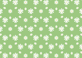 Seamless pattern featuring white daisies with yellow centers on a fresh green background, perfect for cheerful and nature-inspired designs.