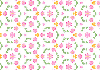 Seamless pattern featuring pink and yellow flowers with green leaves on a white background, creating a cheerful and playful design.