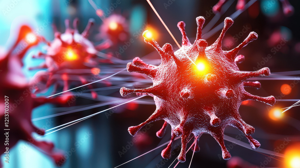 Aufkleber futuristic scene of virus research showcasing detailed virus structures with glowing elements, empha