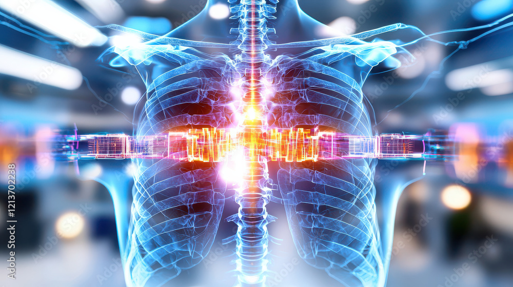 Poster futuristic x ray technology showcasing digital representation of human skeleton with vibrant colors.
