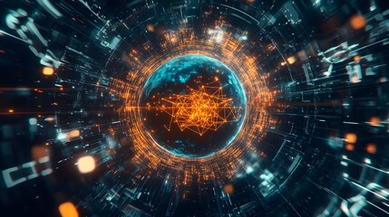 Obraz premium Futuristic Earth-centered network with glowing crypto nodes and IoT connections, symbolizing global digital connectivity