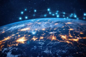 Vibrant connections of earth illuminated at night with glowing networks visible from space