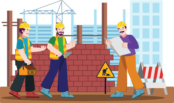 Construction Engineer Illustration with Workers on Building Site Depicts a collaborative effort between engineers and workers at a construction site.