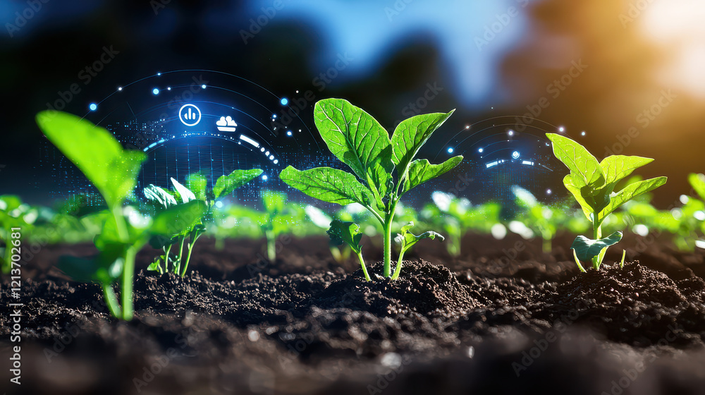 Aufkleber Futuristic smart farm interface showing real time vegetable growth with digital data visualization. This innovative technology enhances agricultural efficiency and sustainability