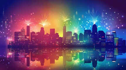 Fototapeta premium Vibrant Abstract City Illustration with Colorful Celebration Effects