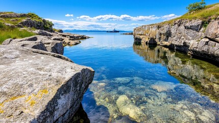 Fototapeta premium Serene Coastal Inlet with Crystal-Clear Water Reflecting Sunny Sky and Distant Boat