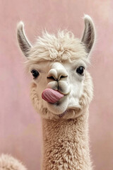 Fototapeta premium Llama sticking out its tongue with squinty eyes, embodying pure sassiness