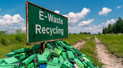 A vibrant blue sky hovers above a pile of green electronic waste, marked by a weathered sign indicating 'E-Waste Recycling'.