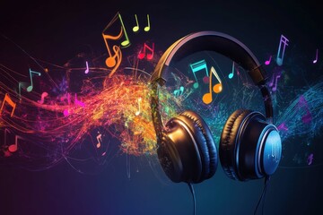 Vibrant musical notes swirl around headphones in a colorful digital art composition