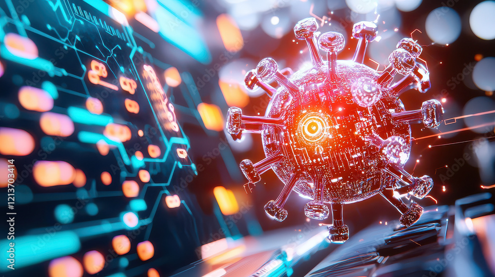 Fototapete futuristic virus model surrounded by digital technology and data visualization, representing advance