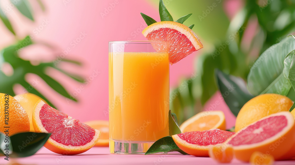 Poster freshly squeezed orange juice served in glass, garnished with slice of grapefruit, surrounded by vib