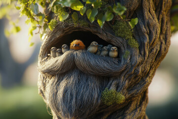 A cartoon beard that grows into a tree, with tiny birds nesting inside