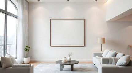Frame mockup, ISO A paper size. Living room wall poster mockup. Interior mockup with house background. Modern interior design. 3D render

