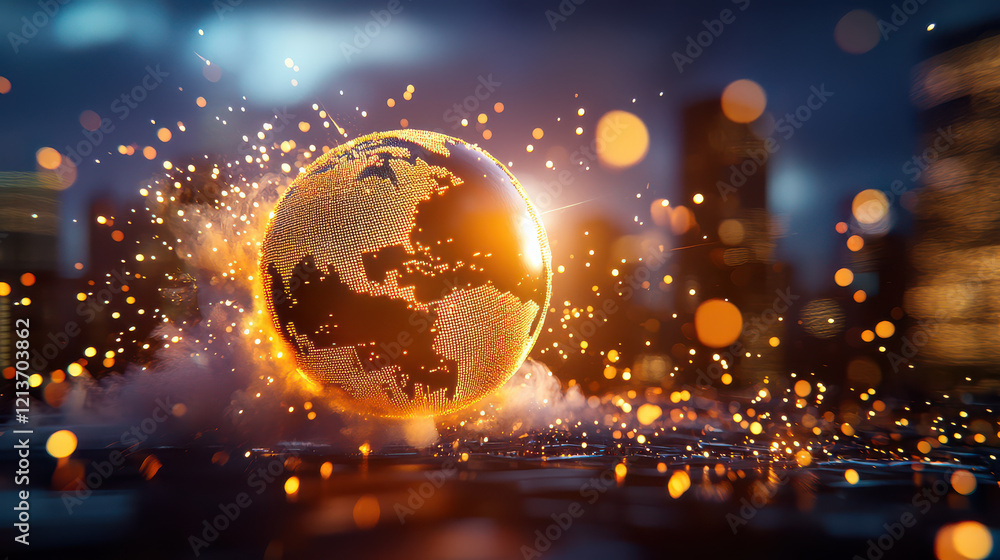Leinwandbilder glowing globe surrounded by flowing smoke and digital sparks creates captivating atmosphere. vibrant
