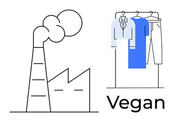 Factory with smoke stacks and clothing rack with blue and grey garments. Ideal for sustainability themes, environmental awareness, eco-friendly fashion, industrial impact, conscious consumerism