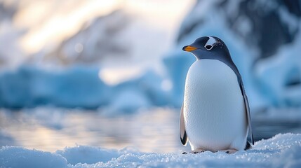 Fototapeta premium Solitary penguin stands gracefully on icy terrain, showcasing its unique features against a serene backdrop of ice and water., Copy space